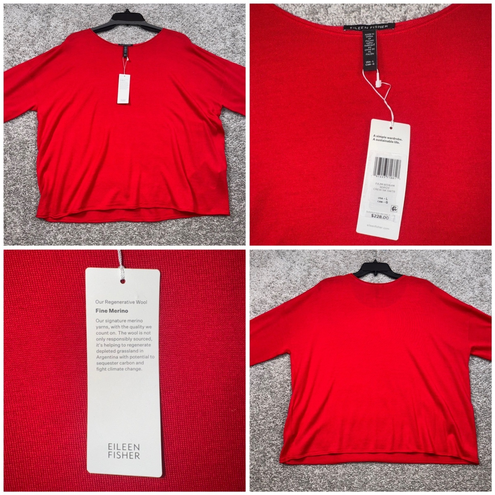 Eileen Fisher Red 100% Extra Fine Merino Wool Crew Neck Sweater Womens Large New